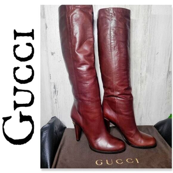 Authentic Gucci Elizabeth Brown Leather Knee Mid Calf Boots EUC STUNNING - Picture 1 of 11